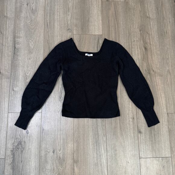 Madewell Soft Wool-Blend Square-Neck Pullover Sweater Sz XS Black Blouson Sleeve - Picture 3 of 8